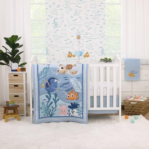 Image of Disney Finding Nemo Cutest Little Catch Light Blue, and White Nursery Fitted Crib Sheet