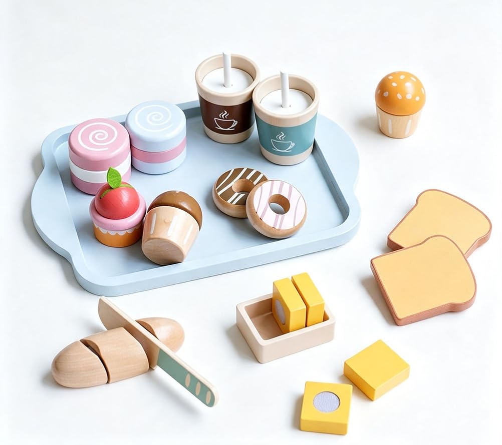Set de Comida de Desayuno de Madera para Jugar, Juguete Educativo de Juego de Roles