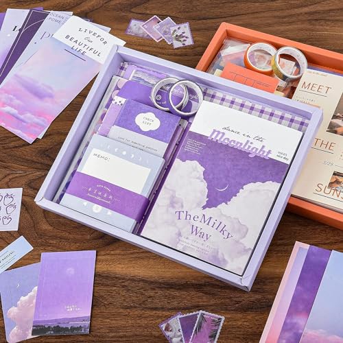 Image of VOTDOT (346Pcs) Paper Junk Journal & Scrapbook Kit, Scrapbooking Supplies Kit with Creative Decor Journaling Supplies, Stationery, Stickers, A6 Grid Notebook with Graph Ruled Page Gift for Girl & Adult (purple moon light)