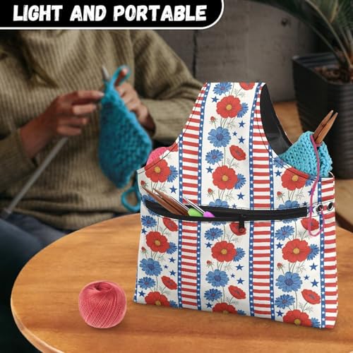 Image of KUIFORTI Patriotic Flower Yarn Bag Crochet Tote Bag Holiday Yarn Storage Organizer Travel Wrist Tote Portable for Crocheting Knitting Accessories Independence Day Gifts