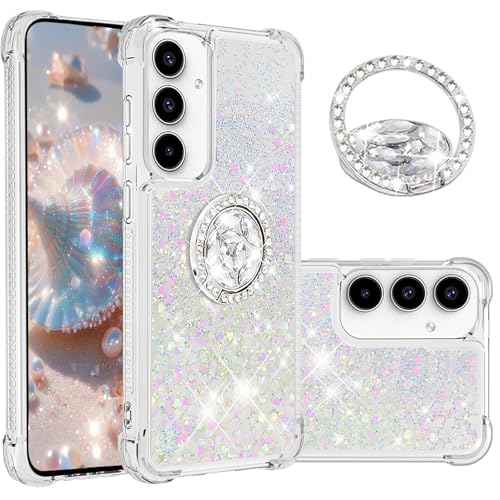 CCSmall for Samsung Galaxy A57 Case Clear Glitter Cute for Women Girl, Liquid Sparkle Quicksand Flowing Soft TPU Phone Cover with Diamond Rotation Ring Stand Case for Samsung A57 LSZ Colorful