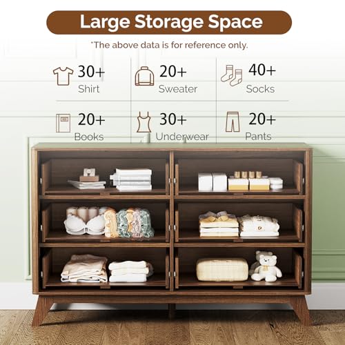 Image of VINGLI Fluted Walnut Dresser 6 Drawer, Dark Brown Wood Dresser with Rounded Edges, Mid Century Modern Walnut Dressers for Bedroom, 46.8 inch W*15.5 inch D*31 inch H