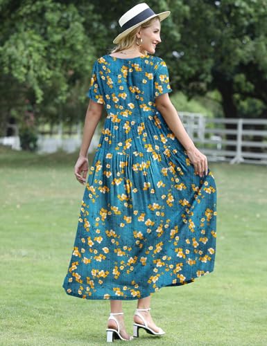 Image of YESNO Women Casual Loose Bohemian Floral Dress with Pockets Short Sleeve Long Maxi Summer Beach Swing Dress EJF