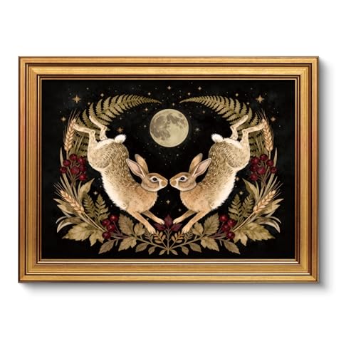 Image of VIYYIEA Vintage Gold Framed Wall Art for Living Room, Easter Canvas Prints Home Decor, Spring Painting Picture, Bedroom Wall Decor Gifts for Friends or Family -【Moonward Hares】-(16L x 12W)