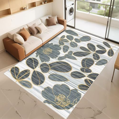 Tapis maison anti dérapant gris bleu 170x240cm grand motif botanique moderne - 2