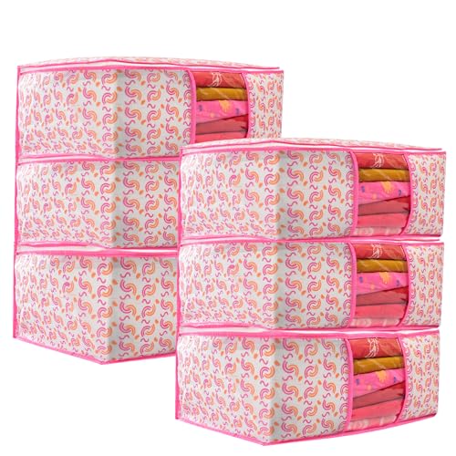 Image of Non-Woven Saree Covers with Zipper & Transparent Window | Clothes Storage Bags for Wardrobe Organization | Dustproof Garment Storage for Sarees, Dresses, and Clothes (Pink, Pack of 6)