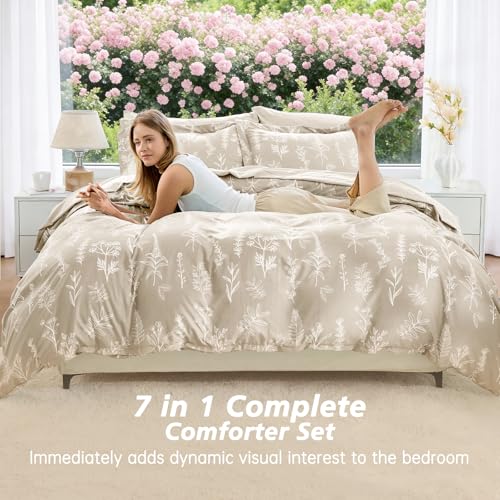 Image of MUXHOMO Beige Bed in a Bag Queen 7 Pieces, Queen Comforter Set Reversible Botanical Flowers Design, Ultra Soft & Breathable Bedding Sets with Comforter, Sheets, Pillowcases & Shams
