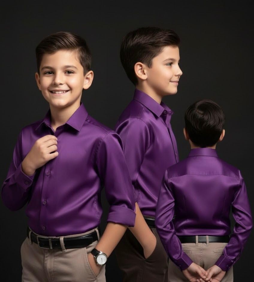 Image of Boy Premium Satin Regular Fit Full Sleeves Plain Shirt for Boys with Elegant Design | Stylish & Comfortable Shirt for Casual Outings (Boys, Purple, 6 Year - 7 Year)