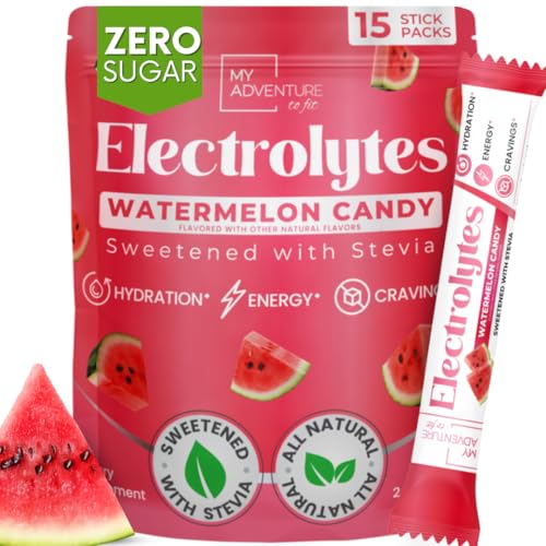 Zero Sugar Watermelon Candy Electrolytes Powder Packets (15 Pack) - All Natural Ingredients, Caffeine Free Energy for Refreshing Hydration - Vegan, Keto, Paleo Sugar Free Electrolytes Powder No Sugar