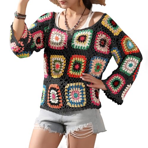 Crochet African Flower Granny Square Pullover Colorful Block Sweater Knitted Cover Up Hollow Out Long Sleeve Beach Outfits