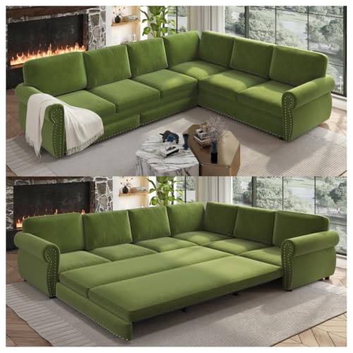 Image of KEIKI 118 inch Chesterfield Sleeper Sofa, Chenille Sectional Couch, Grass Green | L Shaped, Pull Out Bed Design, Nailhead Trim Detail, Rolled Armrest, 6 Seat Seating, Living Room Guest Room Use