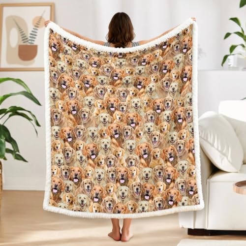 BlessLiving Fuzzy Dogs Blanket for Kids Adults Cute Puppy Fleece Blanket Reversible Animal Pattern Sherpa Throw (Golden Retriever,Throw, 50 x 60 Inches)