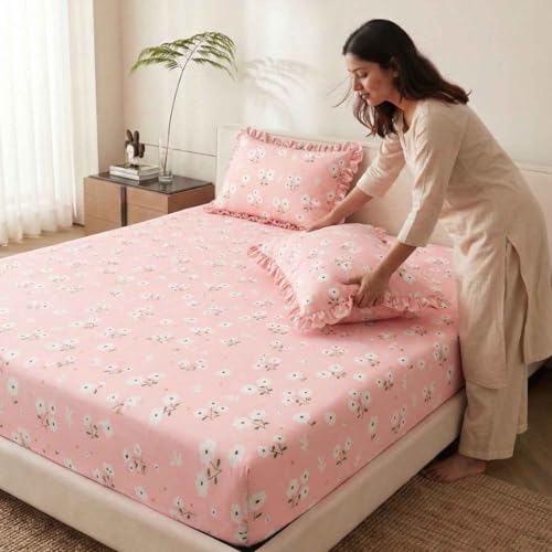Image of Dream Weaverz- Polycotton Printed Double Bed Size Fitted Elastic Bedsheet,2 Pillow Cover,260 Thread (72 inch x 78 inchx7 inch) Home, Bedroom (Salmon Pink, King)