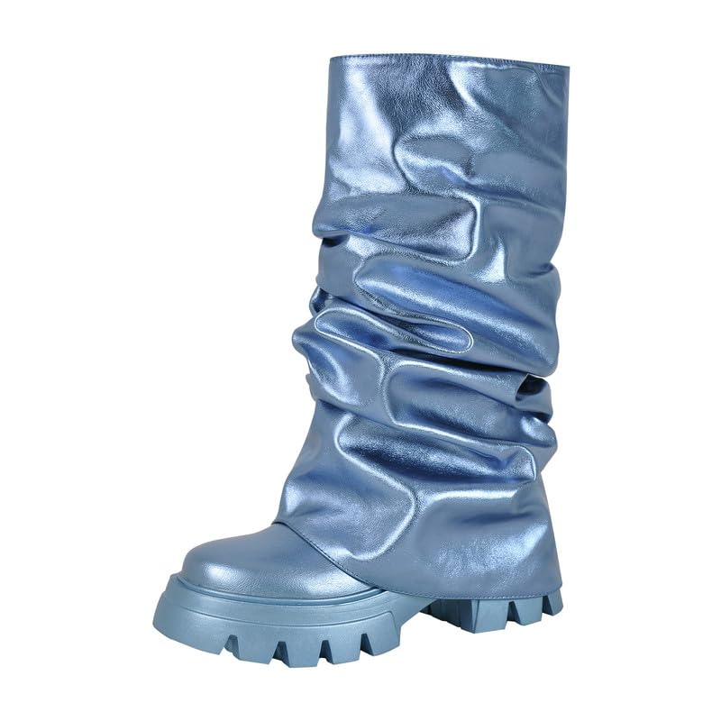 sexytag Women's Metallic Boots Slouchy Foldover Platform Round Toe Western... - Picture 12 of 61