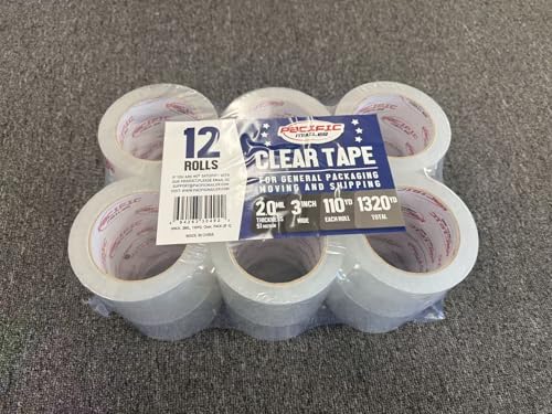 Pacific Mailer Clear Packing Tape, Packaging Tape for Shipping Packaging Moving Sealing, 3 Inch Wide, 2.0mil Thickness, 110 Yard Per Roll [Pack of 12 Rolls]