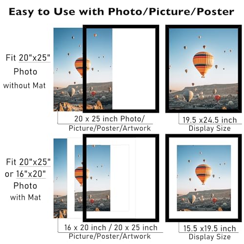 Image of JCJMY 20x25 Picture Frame with 16x20 Mat, Display Photo 16x20 with Mat or 20 x 25 Without Mat, Wall Hanging Large 20 by 25 Poster Frame with Plexiglass, Black