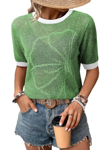 Image of Dokotoo Womens Summer Short Sleeve Crochet Tops Hollow Out Floral Sweaters Beach Vacation Cruise Outfits