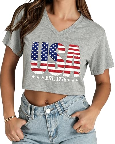 Image of Womens Crop Tops Short Sleeve V Neck Summer Cropped T Shirts Baisc Tees