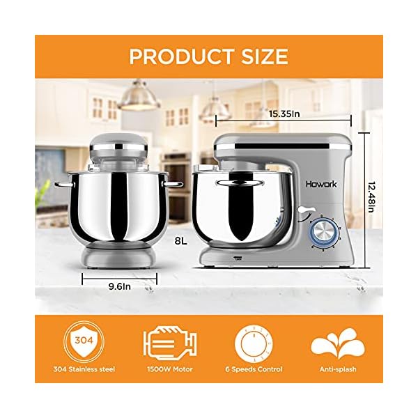 Howork Küchenmaschine Knetmaschine, 1500W leistungsstark 8L Tilt-Head Geräusche Knetmaschine, 6-stufige Geschwindigkeit Teigmaschine mit Rührbesen, Knethaken, Spritzschutz, Schläger – Bild 7