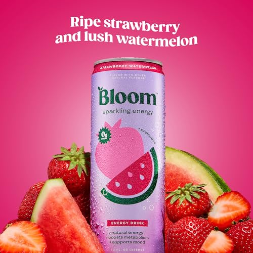 Image of Bloom Nutrition Sparkling Energy Drink, Zero Sugar, 180mg Caffeine | Strawberry Watermelon | 12oz | 24 Pack | Antioxidant-Rich