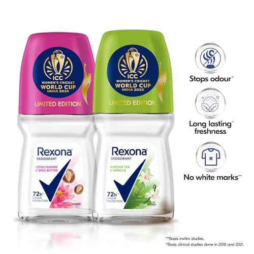 Image of Rexona Lotus Flower & Shea Butter and Matcha Tea & Vanilla Antiperspirant Roll-On | for Women | Limited Edition Pack - ICC Women's Cricket World Cup India 2025 |50 ML (Pack of 2)