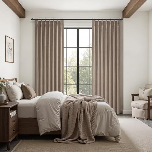 Image of 90 Inch Blackout Curtains for Living Room Thermal Noise Reduction Sliding Door Total Two Burg Country Style Linen Window Curtain & Drapes for Track System Pinch Pleat,Chocolate Dark Flax Set of 2
