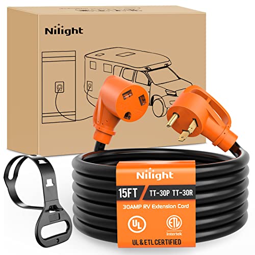 Image of Nilight 30 Amp 15FT RV Extension Cord 125V Heavy Duty 10 Gauge Pure Copper STW Wire UL ETL Listed 3 Prong TT-30P TT-30R 30F /30M Weatherproof Suit for Camper Caravan Trailer