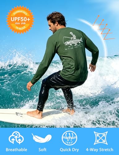 Image of Men's Rash Guard Long Sleeve, UPF 50+ UV Protection Sun Shirt, Quick Dry Lightweight T-Shirt for Fishing Swim Surf