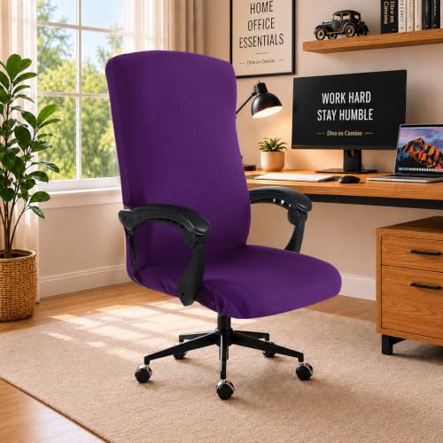 Image of Stretch Computer Office Chair Cover with Durable Zipper - Universal Washable Removable Spandex Rotating Boss Chair Slipcovers - Anti-dust Soft Desk Chair Seat Protector for Dogs, Cats, Pets (Purple)