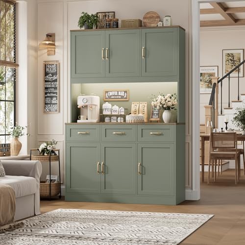 Image of HOSTACK Kitchen Pantry Storage Cabinet, Tall Kitchen Hutch Cabinet, Green | 47 inchW Food Pantry Cabinet with Smart LED / Charging Station / Countertop / 3 Large Drawers, 72 inchH Storage Hutch for Dining Room