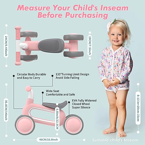 Dramation HMUSTG008PK Baby Balance Bike For 1 Year Old Girls Gifts, 10-18 Months No Pedal Toddler Balance Bike With 4 Silence Wheels, 1St Birthday Gift, Ride On Toys thumb #2