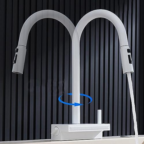 Robinet de cuisine extensible pivotant blanc avec douchette laiton - 7
