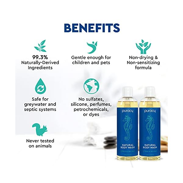 Puracy Body Wash, Natural Body Wash, 98.6% Pure Plant Ingredients, Moisturizing Shower Gel for Women Men Kids, Body Soap for Dry Sensitive Skin. Gently Scented with Citrus & Sea Salt, 16 Oz (2-Pack)