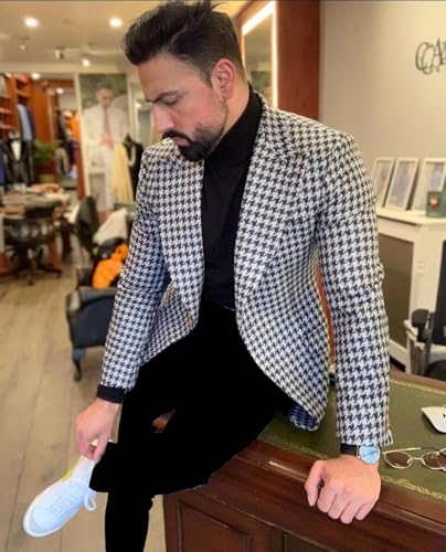 Premium Mens Big Pattern Houndstooth Dogstooth Plaid Slim Fit Tuxedo Prom Wedding Sport Coat4