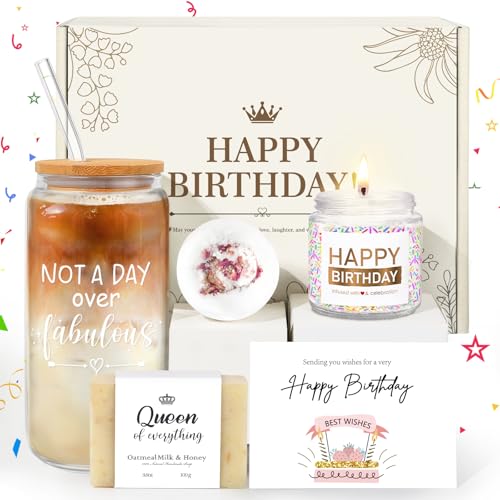 iAOVUEBY Birthday Gifts for Women, Her, Teen Girl Gifts, Happy Birthday Gift Box for Girl, Women, Sister, Daughter, Friend, Friendship, Cute Sunflower Sunshine Glass Cup Gift Set 7PCS, 16oz, Yellow