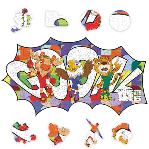 Image of FIFA World Cup 2026 Mascot Wooden Jigsaw Puzzle for Kids & Adults, USA - Canada - Mexico Mascot 200 Pieces, Unique Shape Puzzle, Officially Licensed, Sports Gift for Fans, 5MM Thick | Wooden Jigsaw Puzzle