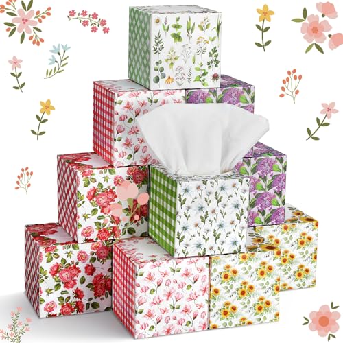 Image of Fourluoo 12 Pack Flower Facial Tissues Cube Face Boxes 600 Sheets 3 Ply | Small Square Floral Plaid Tissues Bulk for Summer Car Bedroom Supplies, Soft Tissues