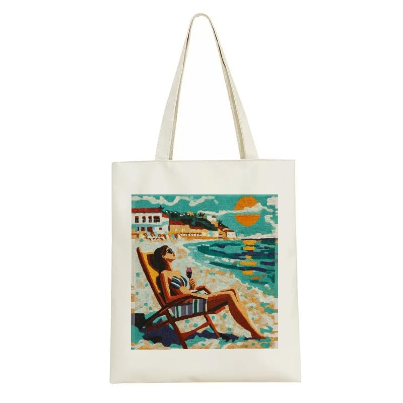 Summer Beach Fashionable Large-Capacity Commuter Canvas Tote Bag, Reusable Shoulder Tote Bag for Women and Men, Large Durable Canvas Shoulder Bag Perfect for Grocery Work Beach Shopping