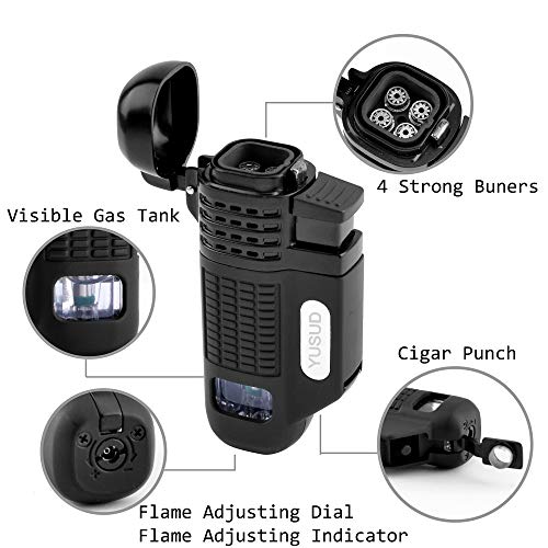 Yusud Torch Lighter, Butane Refillable Lighter with Punch Cutter, New Turbo Quadruple Jet Flame Design with Gas Tank Window, Unique Birthday Gift Idea for Man