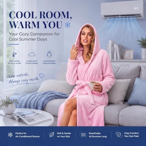 Image of RONGTAI Womens Robes Plush Fleece Hooded Bathrobe Thick Nightgown with Pockets Fluffy Sleepwear