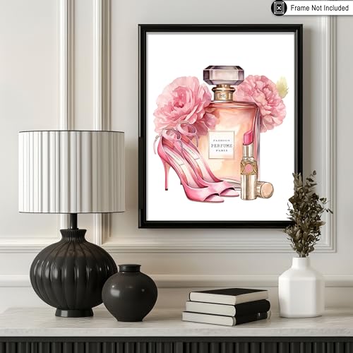 Image of Poster Master Pink Designer Print - Fashion Poster - Shoes, Lipstick & Perfume Art - Chic Gift for Women & Fashionista - Glam Decor for Bedroom or Girl's Room - 11x14 UNFRAMED Wall Art