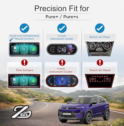 Image of ZEIR [4 PACK Screen Protector For TATA NEXON 2026 PURE+ & Pure PLUS S - 10.25 INCH INFOTAINMENT (Round Corners) + 4 INCH INSTRUMENT CLUSTER + STEERING + Manual Button AC GUARD [Not Tempered Glass]