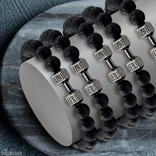Miniatura 9 de Lava Beads Gym Bracelets for Men - 8mm Lava Rock Bracelet Natural Stone, Men Stretch Bracelet Bead Bracelet for Women- Alloy Dumbbell Bracelet,