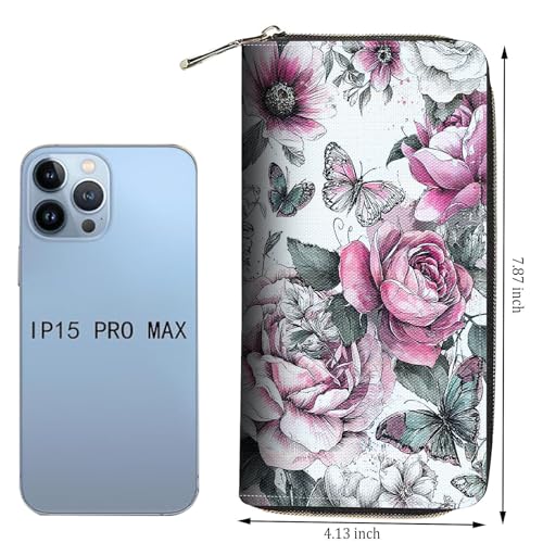 Wallet,Large Capacity RFID Blocking Leather Wallet, Durable Smooth Zipper Clutch,Unisex Travel Wallet for Cards,Cash,and Coins - Pink Rose Butterfly4