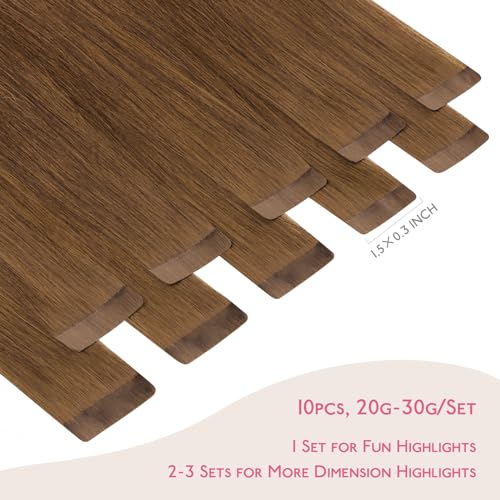 Image of Wennalife Tape in Hair Extensions Human Hair Light Auburn Brown Tape in Extensions, 10pcs 20g 12 inch Remy Invisible Tape Ins Straight Colored Soft Real Human Hair Tape in Extensions Refill Set