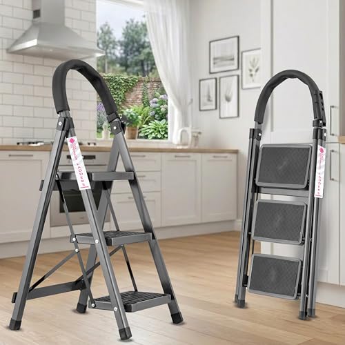Image of Casa Copenhagen Grey 3 Step Ladder for Home Use with Built-in Tool Tray | Heavy Duty D Shape Rods | Ultra Large Platform | Wide Rubber Feet |150Kg Capacity Foldable Ladder - 7 Years Warranty