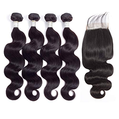 8A Brazilian Body Wave Bundles with Closure (20 20 22 24+18inch) Unprocessed Human Hair Bundles Body Wave with Closure Brazilian Body Wave Hair with Closure Free Part Natural Color