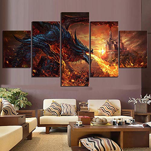Myrdsio Tableau Decoration Murale 5 Parties Tableau Imprimé Sur Toile Intissee Fire Dragon World Of Warcraft Jeu Image Imprimée Xxl Motif Moderne Dcoration...