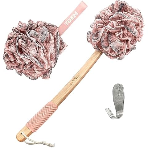 Toem Loofah Back Scrubber for Shower | Bamboo Charcoal Fiber Infused | Loufas for Men & Women | Includes 1 Long Handled Shower Sponge, 1 Bath & Shower Luffa Pouf & 1 Hook to Hang Stuff (Rose Pink) Cover