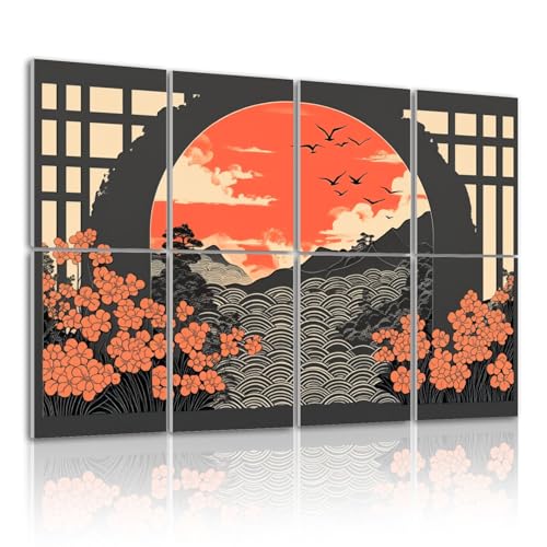 8 Pack Paneles Acústicos Auto Adhesivos Tradicional Paisaje Japonés Ondas Pájaros Elementos Florales Paneles Decorativos para Pared Aislantes de Sonido 48"x32" para Oficina Hogar Estudio miniatura 1